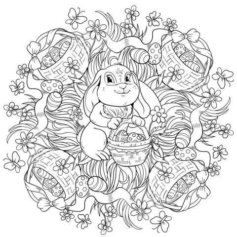 Easter Mandala With A Rabbit And Baskets Full Of Eggs Coloring Page